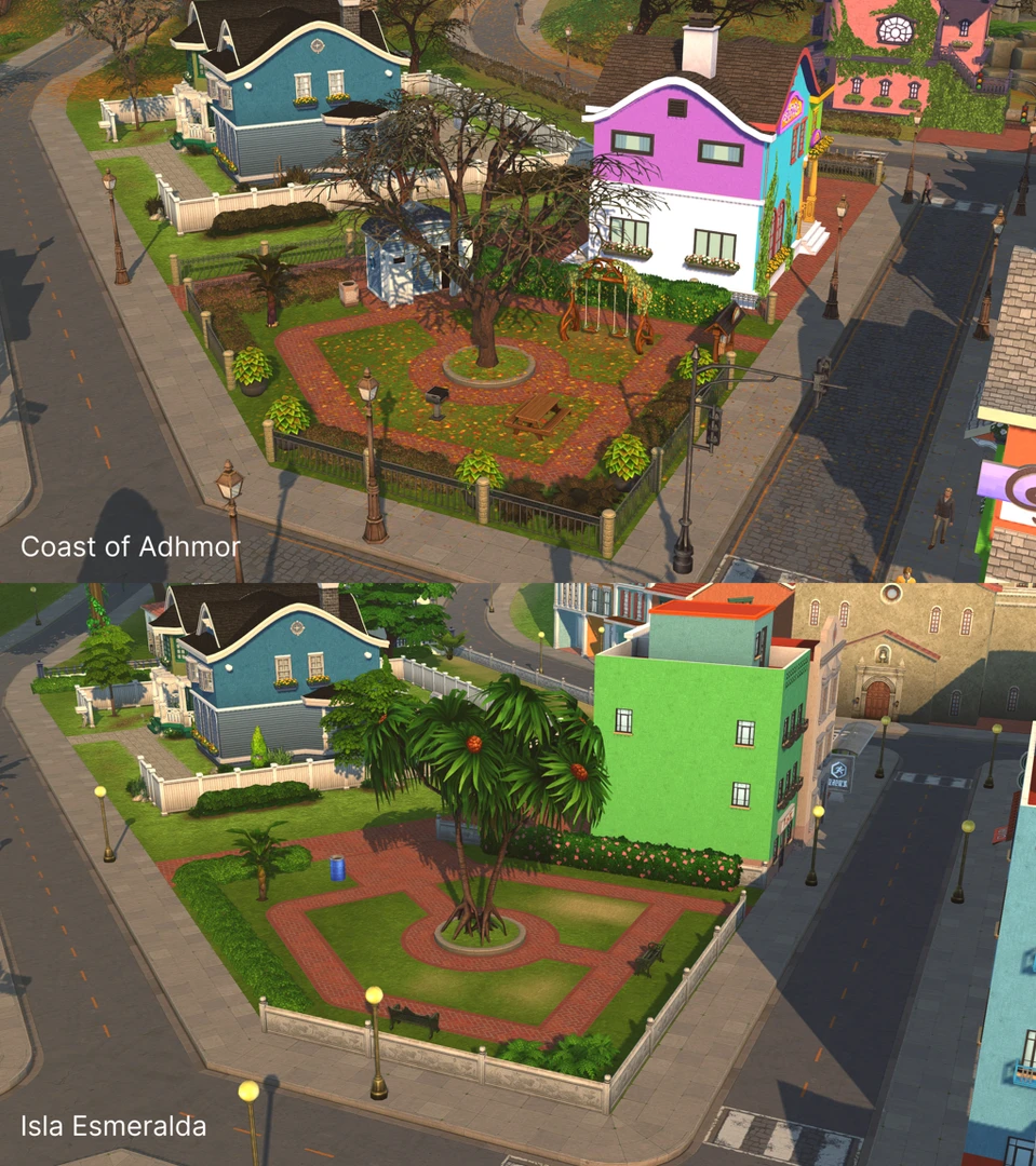 Lot comparison screenshot: original area vs remodeled Isla Esmeralda version