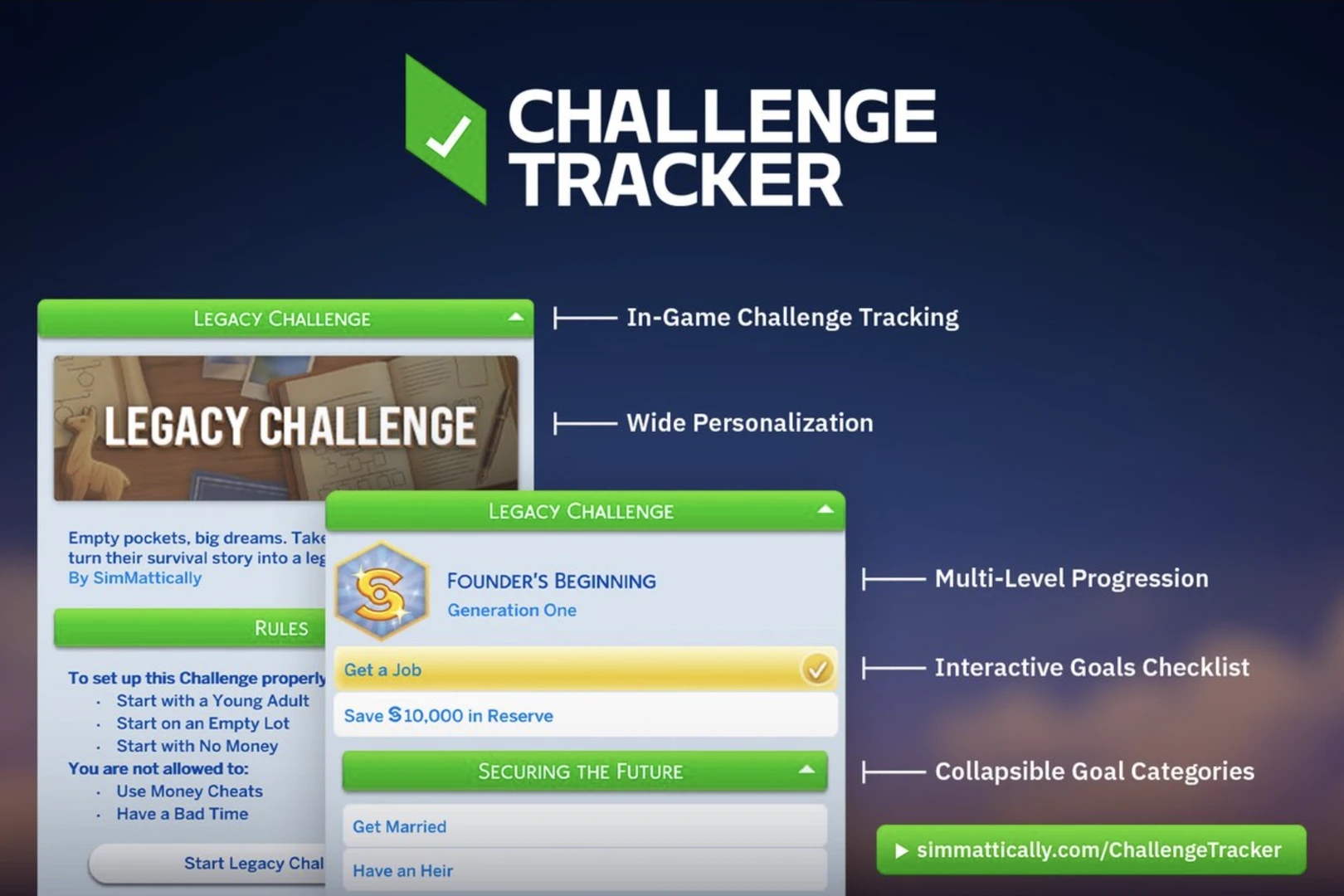 Мод Challenge Tracker для The Sims 4 — интерфейс трекера челленджей в игре (скриншот)