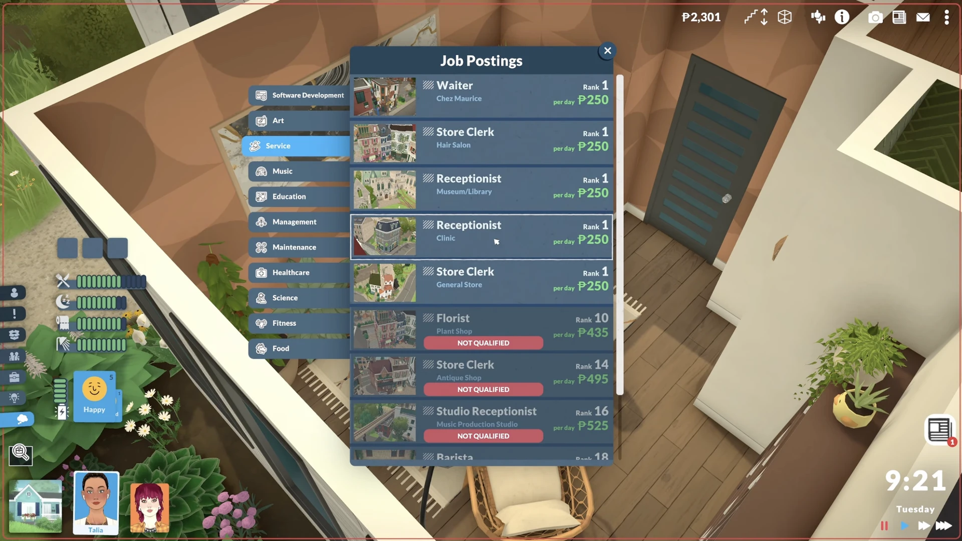 Talia starting her new job with a flexible schedule in Paralives