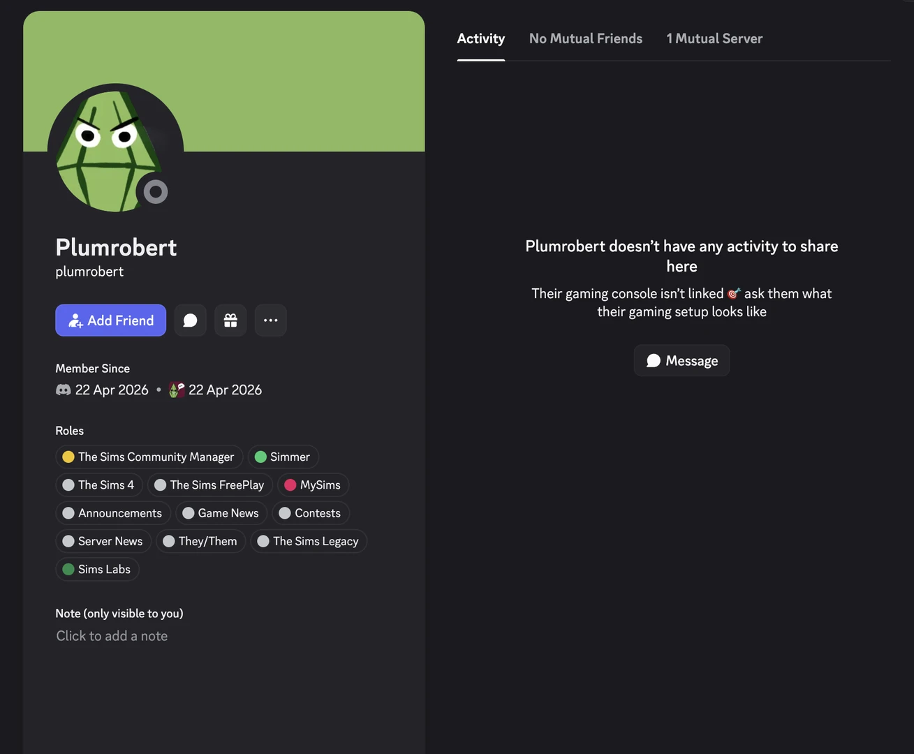 PlumRobert joins The Sims official Discord — new community character and weekly challenges announcement (screenshot)